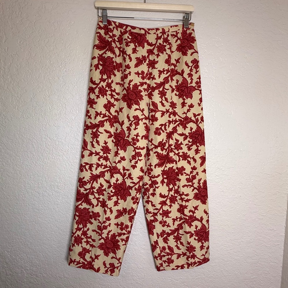 Pants Talbots Womens 8 Red Floral Silk Linen Blend Wide Leg Damask Trousers